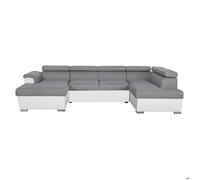 Canapé d'angle Panoramique 6 places PAOLA convertible en Simili/Tissu Avec Coffres - Blanc/Gris - L322 x P196 x H76cm - LOUNGITUDE