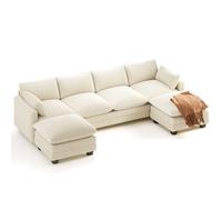 Canapé d'angle Panoramique - Bealife - 2 Pouf Amovible - 6 Places - 2 Coussins - Convertible U - Velours Côtelé Beige - Scandinave