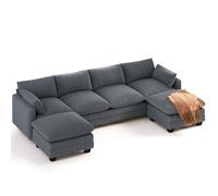 Canapé d'angle Panoramique - Bealife - 2 Pouf Amovible - 6 Places - 2 Coussins - Convertible U - Velours Côtelé Gris - Scandinave