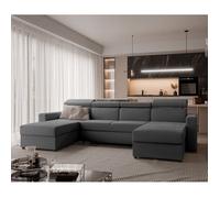 Canapé d'angle Panoramique BENI II - 6 places - Canape Convertible avec Tétières - Tissu Velours - Gris