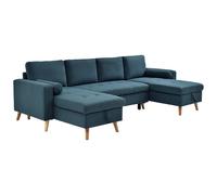 Canapé d'angle panoramique convertible en tissu bleu canard KORI