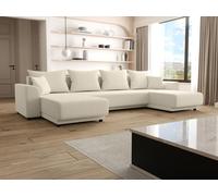 Canapé d'angle panoramique convertible en velours côtelé beige NESSARO