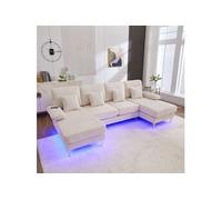 Canapé d'angle panoramique en velours - 4 places - avec LED RGB et Port USB+Type-C - 265x135x88cm - Beige