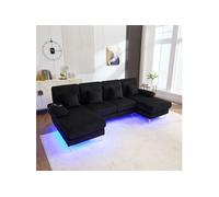 Canapé d'angle panoramique en velours - 4 places - avec LED RGB et Port USB+Type-C - 265x135x88cm - Noir