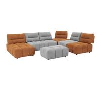 Canapé d'angle panoramique modulable et pouf dossier avance-recule en tissu texturé gris clair et terracotta APOLIU