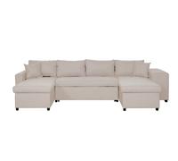 Canapé d'angle panoramique OSLO convertible avec coffres et poufs à droite en tissu - Beige