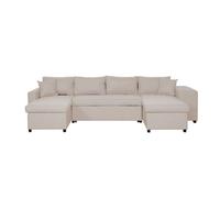 Canapé d'angle panoramique OSLO convertible avec coffres et poufs à droite en tissu - Beige