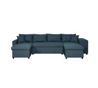 Canapé d'angle panoramique OSLO convertible avec coffres et poufs à droite en tissu - Bleu pétrole