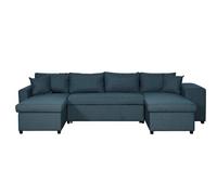 Canapé d'angle panoramique OSLO convertible avec coffres et poufs à droite en tissu - Bleu pétrole