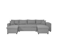 Canapé d'angle panoramique OSLO convertible avec coffres et poufs à droite en tissu - Gris clair