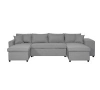 Canapé d'angle panoramique OSLO convertible avec coffres et poufs à droite en tissu - Gris clair