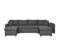 Canapé d'angle panoramique OSLO convertible avec coffres et poufs à droite en tissu - Gris foncé