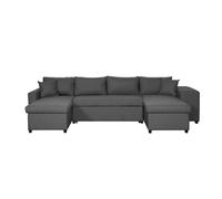Canapé d'angle panoramique OSLO convertible avec coffres et poufs à droite en tissu - Gris foncé