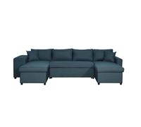Canapé d'angle panoramique OSLO convertible avec coffres et poufs à gauche en tissu - Bleu pétrole