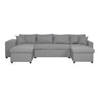 Canapé d'angle panoramique OSLO convertible avec coffres et poufs en tissu - Gris clair - Gauche