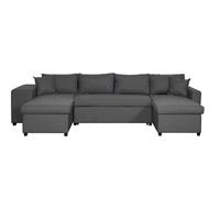 Canapé d'angle panoramique OSLO convertible avec coffres et poufs en tissu - Gris foncé - Gauche