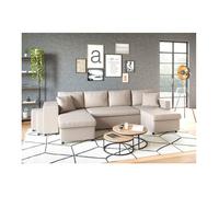 Canapé D'angle Panoramique Oslo Convertible Avec Coffres Et Poufs En Tissu - Beige, Position Du Rangement Poufs - Gauche Beige