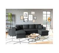 Canapé d'angle panoramique OSLO convertible avec coffres et poufs en tissu - Gris foncé - Gauche
