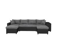 Canapé d'angle panoramique OSLO convertible avec coffres et poufs en simili et microfibre - Gris / Noir, Position du rangement