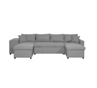 Canapé d'angle panoramique OSLO convertible avec coffres et poufs en tissu - Gris clair - Gauche