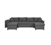 Canapé d'angle panoramique OSLO convertible avec coffres et poufs en tissu - Gris foncé - Gauche