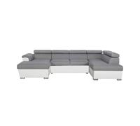 LOUNGITUDE - Paola - Canapé panoramique - Convertible - 6 Places - Coffre - en Simili/Tissu - Gris Clair/Blanc - L322cm