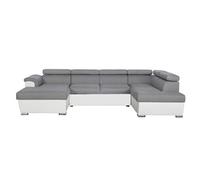 Canapé d'Angle Panoramique PAOLA Convertible en Simili et Tissu - Blanc et Gris