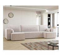 Canapé d'angle Panoramique PARIS U - 7 places - Canape Convertible avec Coffre - Tissu Velours Cotelé - Crème