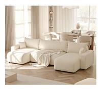 Canapé d'angle Panoramique PIANO U - 7 places - Canapé Convertible avec Coffre - Tissu Tissé - Crème