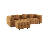 Canapé d'angle réversible 3-4 places bouclette texturée moutarde capitonné structure bois d'eucalyptus et contreplaqué