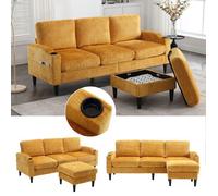 Canapé d'angle réversible 4 places moderne-Chenille-avec pouf,coffre de rangement,accoudoirs,porte-boissons,poches,Jaune