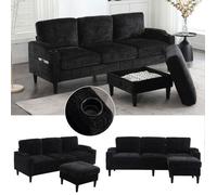 Canapé d'angle réversible 4 places moderne-Chenille-avec pouf,coffre de rangement,accoudoirs,porte-boissons,poches,noir