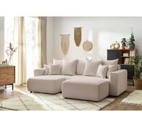 Canapé d'angle réversible convertible coffre ENVY tissu bouclette doux avec pouf rectangulaire beige BOBOCHIC 5 places Beige