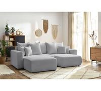 Canapé d'angle réversible convertible coffre ENVY tissu bouclette doux avec pouf rectangulaire gris clair BOBOCHIC 5 places Gris clair