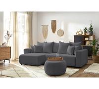 Canapé d'angle réversible convertible coffre ENVY tissu bouclette doux avec pouf rond gris foncé BOBOCHIC 5 places Gris foncé
