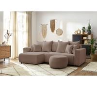 Canapé d'angle réversible convertible coffre ENVY tissu bouclette doux avec pouf rond marron BOBOCHIC 5 places Marron