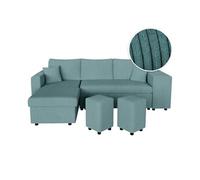 Canapé d'angle réversible convertible OSLO avec coffre, 2 poufs à droite en velours côtelé bleu - L241 x P146 x H81cm - LOUNGITUDE