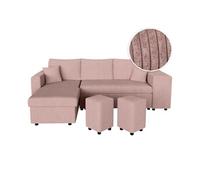 Canapé d'angle réversible convertible OSLO avec coffre, 2 poufs à droite en velours côtelé rose