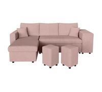 Canapé d'angle réversible convertible OSLO avec coffre, 2 poufs à droite en velours côtelé rose