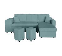 Canapé d'angle réversible convertible OSLO avec coffre, 2 poufs à gauche en velours côtelé bleu - L241 x P146 x H81cm - LOUNGITUDE