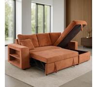 Canapé d'Angle Réversible GLASGOW Velours Côtelé Terracotta | Convertible avec coffre de rangement et étagères intégrées, couchage 196x113cm.