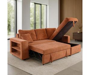 Canapé d'Angle Réversible GLASGOW Velours Côtelé Terracotta | Convertible avec coffre de rangement et étagères intégrées, couchage 196x113cm.