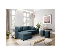 Canapé d'angle réversible MADY avec coffre, accoudoir étagère et poufs droit en tissu - Bleu - L254 x P146 x H81cm - LOUNGITUDE