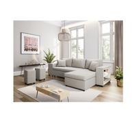 Canapé d'angle réversible MADY avec coffre, accoudoir étagère et poufs gauche en tissu - Beige - L254 x P146 x H81cm - LOUNGITUDE