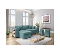 Canapé d'angle réversible MADY avec coffre, rangement poufs à droite en velours côtelé bleu clair - L254 x P146 x H81cm - LOUNGITUDE