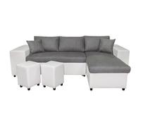 Canapé d'angle réversible MADY bimatière gris/blanc avec coffre accoudoir étagère et poufs gauche - L254 x P146 x H81cm -