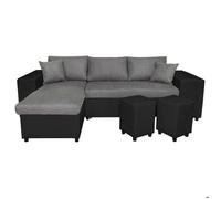 Canapé d'angle réversible MADY bimatière gris/noir avec coffre accoudoir étagère et poufs droit - L254 x P146 x H81cm - LOUNGITUDE