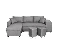 Canapé d'angle réversible OSLO avec coffre et poufs droit - Tissu gris clair