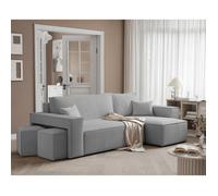 Canapé d'angle réversible PARIS IDOHOME 4 places velours côtelé gris clair convertible avec coffre et repose-pieds