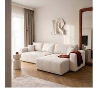 Canapé d'angle Réversible PEDRO - 5 places - Convertible avec Coffre - Tissu Chenille Tressée - Crème